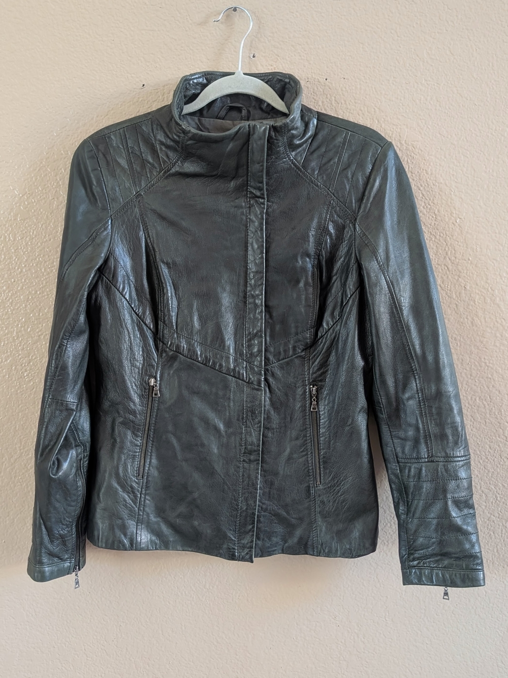DANIER Genuine Leather Jacket Womens Dark Forest Green Moto Funnel Neck